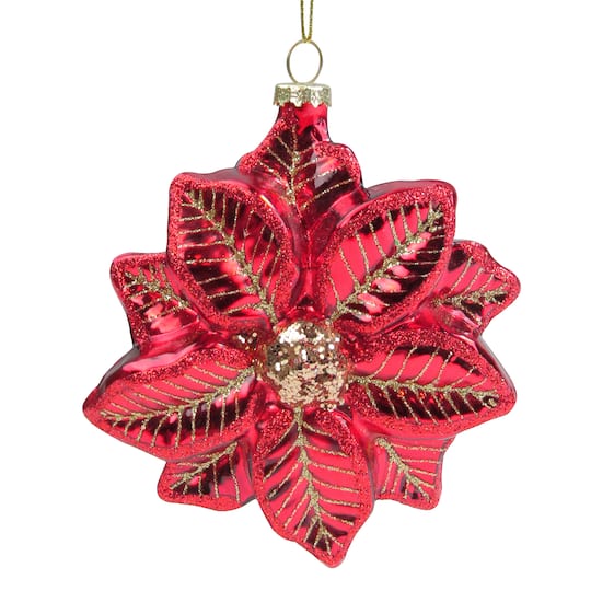 Red &#x26; Gold Glittery Poinsettia Glass Christmas Ornament